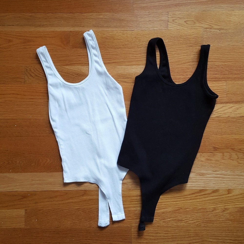 White and Black Scoop Ribbed Bodysuits